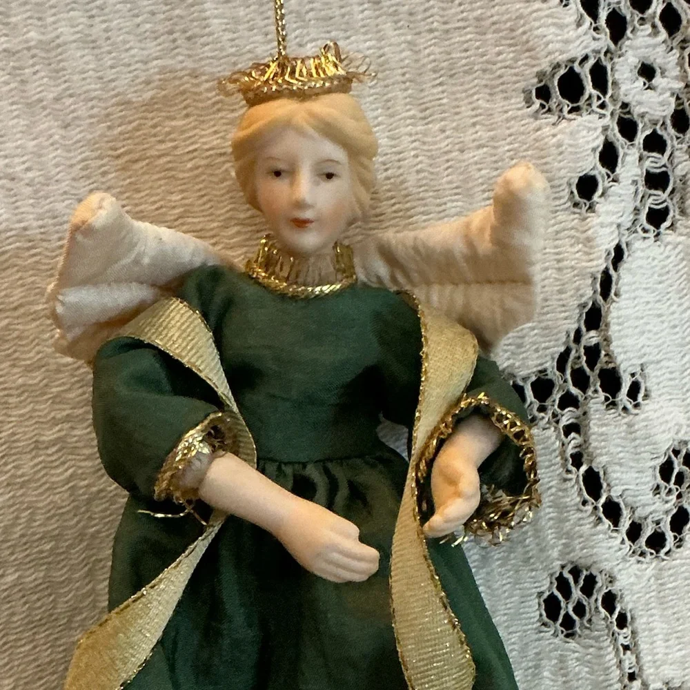 Vintage Porcelain Fabric Angel Christmas Ornament Green Gold 6”